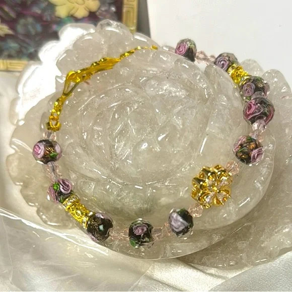 Artisan Purple and Gold Lampwork Necklace with Elegant Inner Flower Design Set - Picture 4 of 5